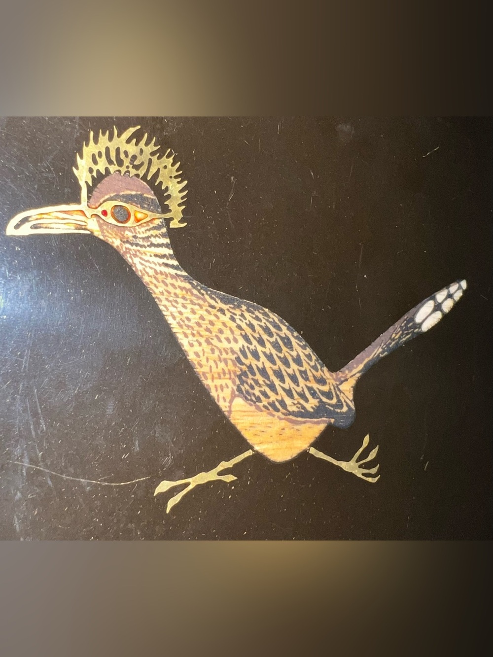 Hand-inlaid Roadrunner Serveware Accent in Yellow and Black. Mid Centry.
